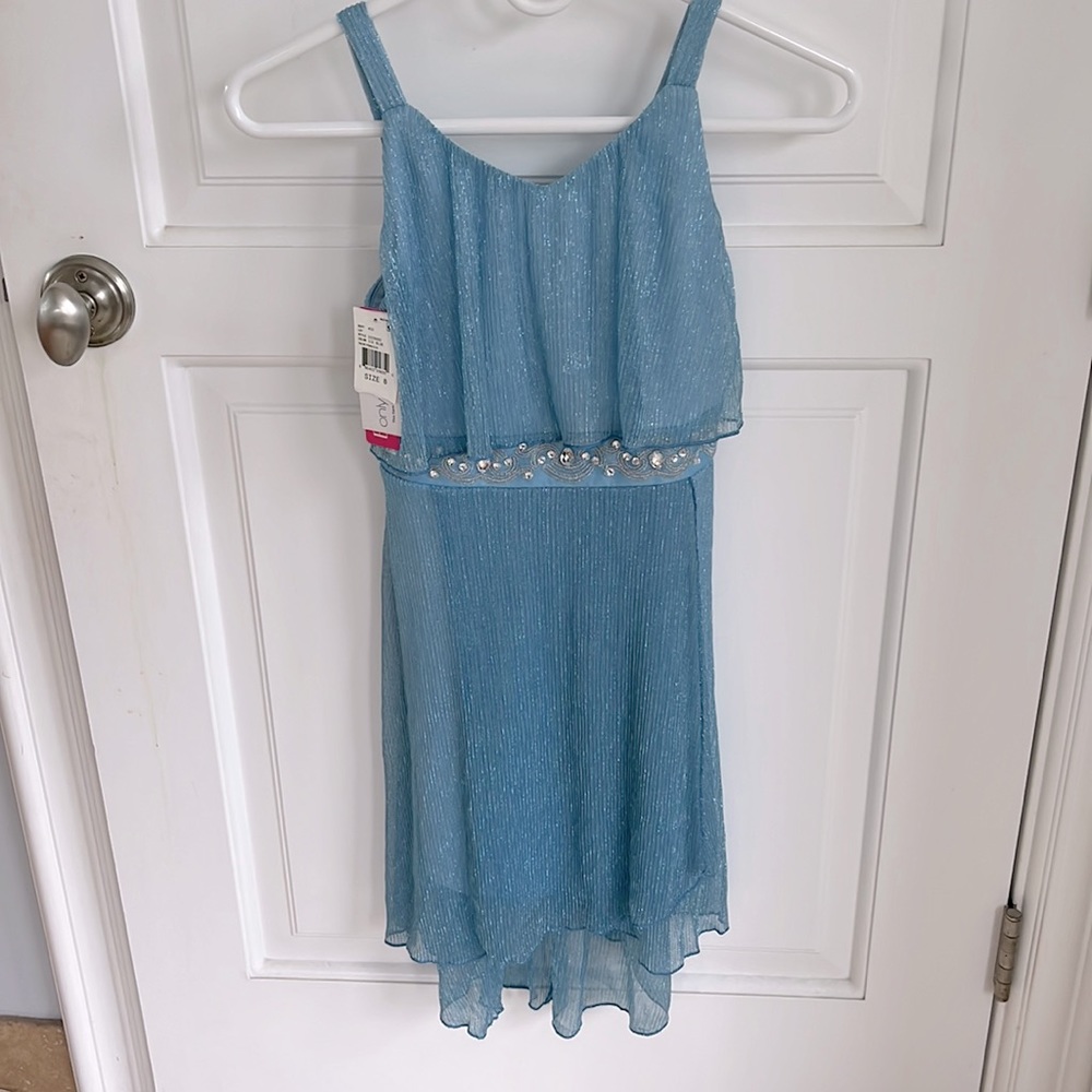 NWT BCX Girl Rhinestone Shimmer SZ 8 “Ice Blue Snow Princess” zip back dress